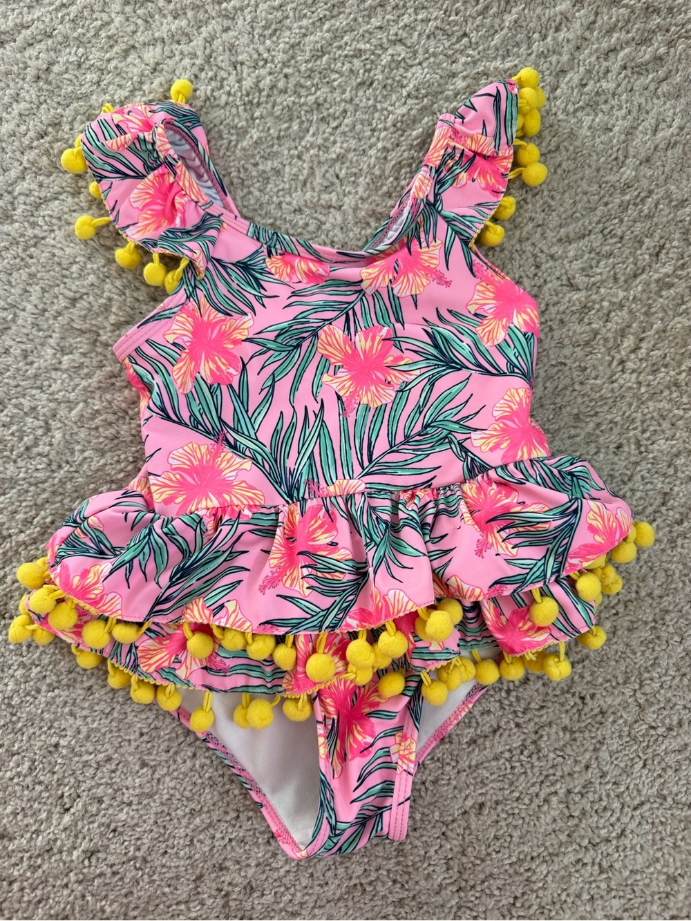 Nicole Miller Pink Tropical One-Piece Swimsuit with Yellow Pom Trim